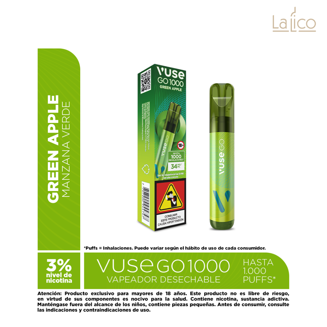 Vuse Go 1000 Green Apple 34mg (Manzana Verde) La Lico Vuse Go 1000 Green Apple 34mg (Manzana Verde) La Lico