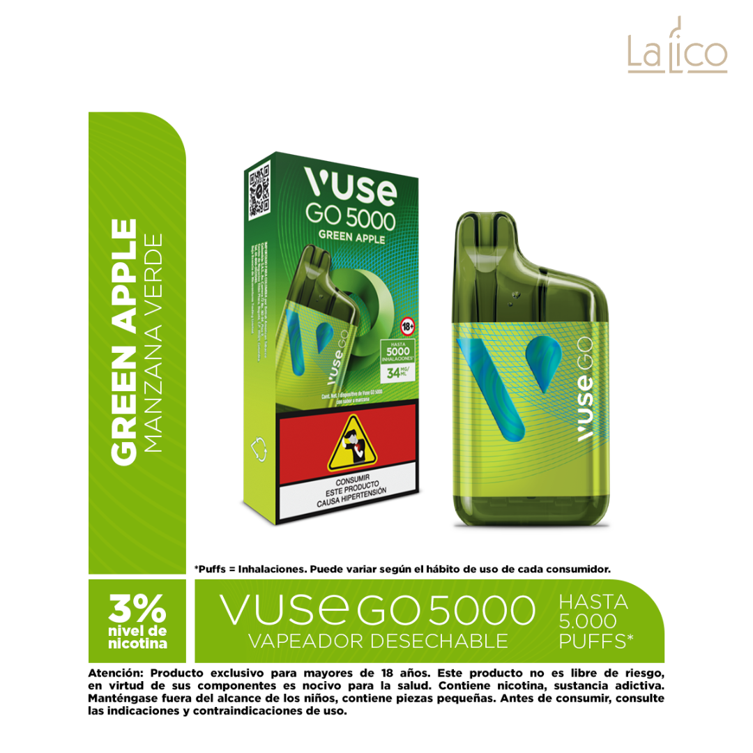 Vuse Go Verde Vuse Go 5000 Green Apple 34mg (Manzana Verde) La Lico Vuse Go 1000 Vuse Go Verde Vuse Go 5000 Green Apple 34mg (Manzana Verde) La Lico Vuse Go 1000